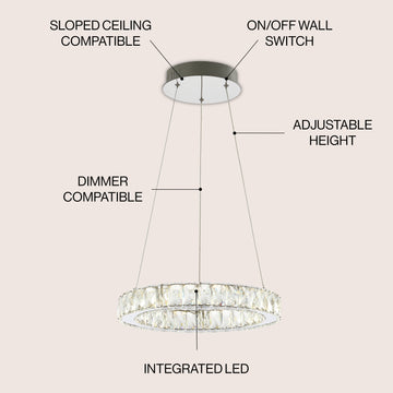 Reese 15.7" Adjustable Integrated LED Metal/Crystal Pendant Pendant - JONATHAN Y